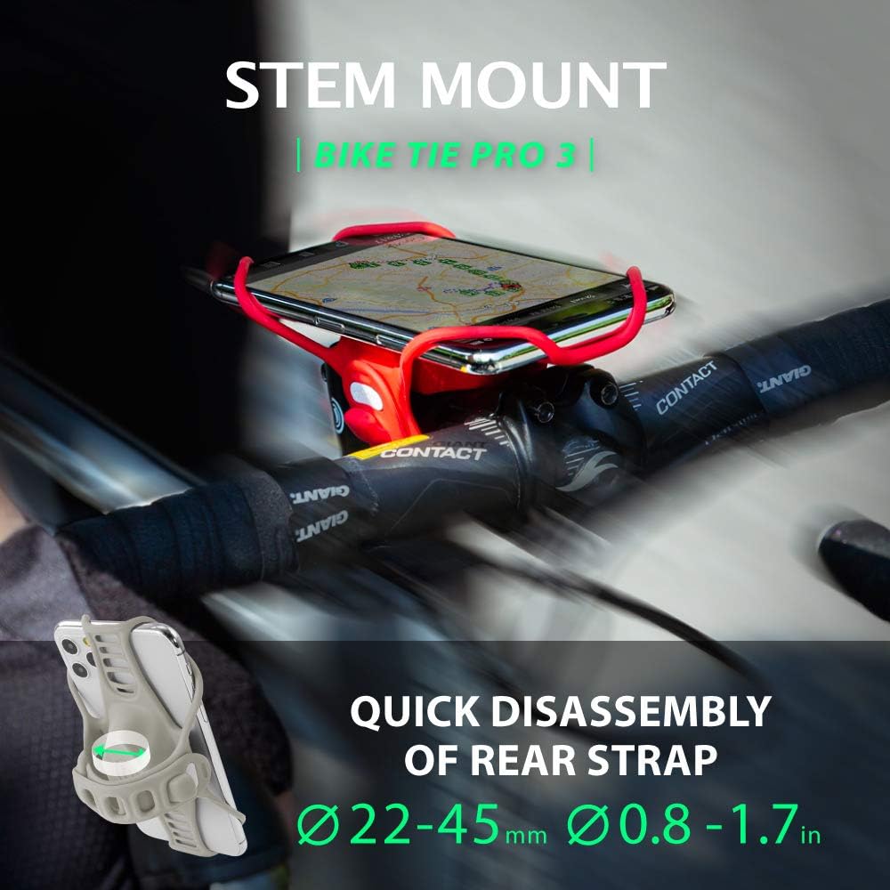 BONE Bike Tie Pro 3, Bike Cell Phone Mount for Stem, Scratch-Free Silicone Holder with Shock-Absorbing Design, Universal Cycling Phone Holder Compatible with Most Smartphones (Gray - Stem)