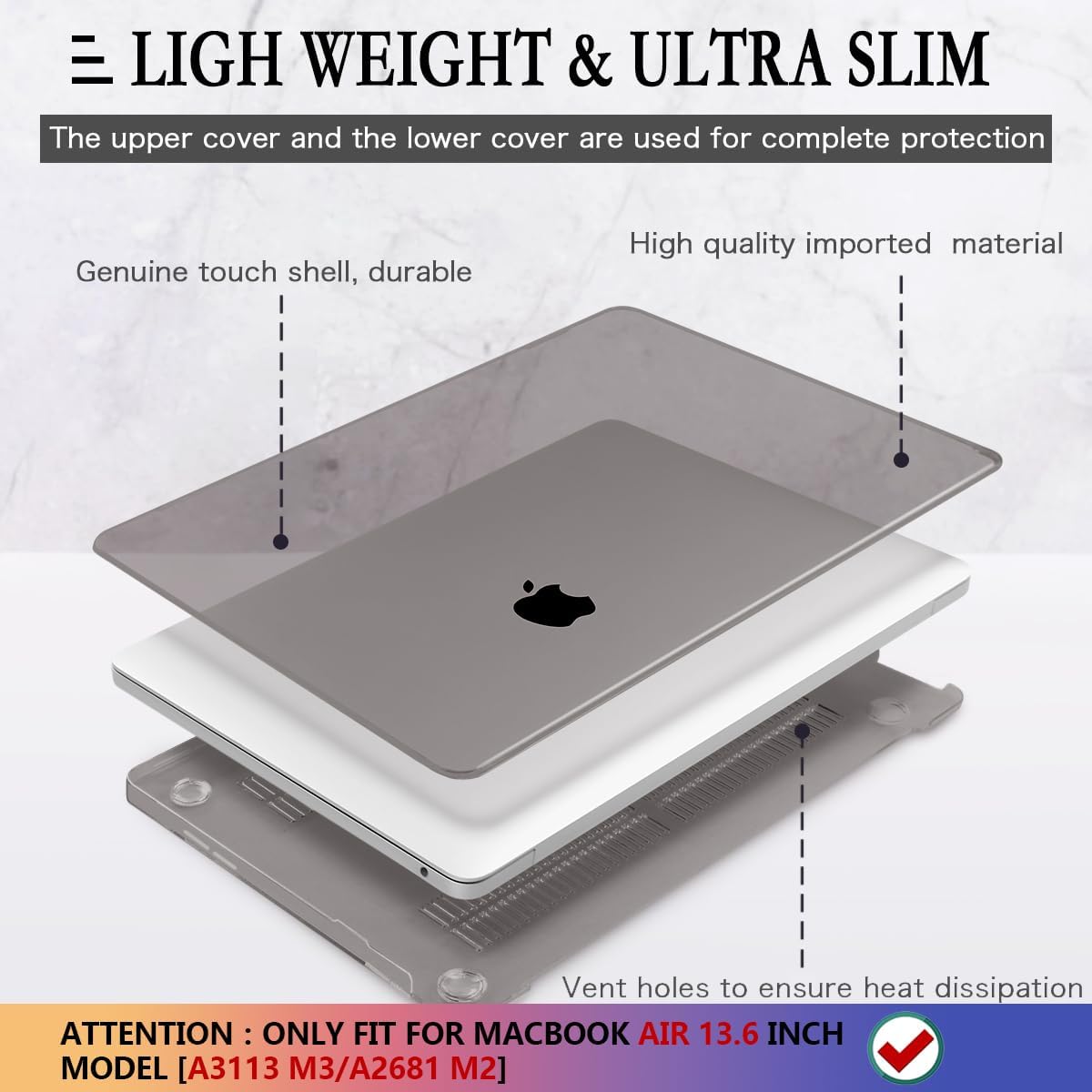 CISSOOK Compatible with MacBook Air 13.6 inch Case 2022 2024 2025 Release A2681 A3113 A3240 with Touch ID, Crystal Grey Hard Shell Case & Keyboard Cover for Mac Air 13.6 M2 M3 M4, Gray