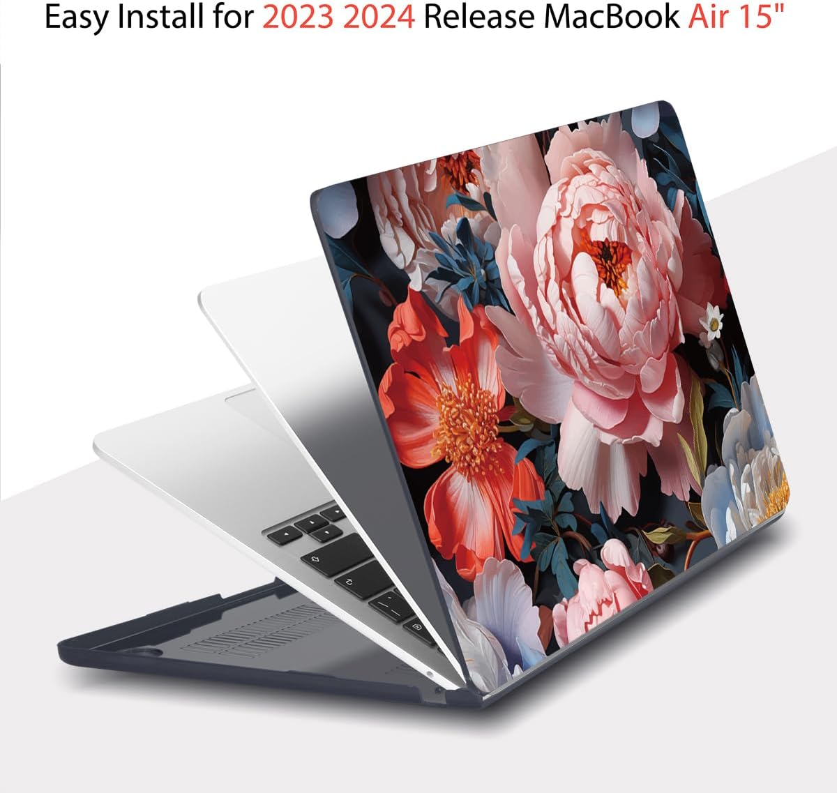 Teryeefi Compatible with MacBook Air 15 inch Case Release 2023 2024, Fits Model A3114/A2941,Design Pattern Slim Cover + Keyboard Cover + OTG Adapter for 15.3 inch MacBook Air M2 M3, Colorful Peonies