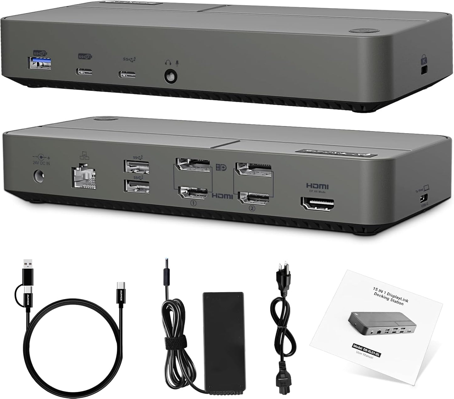 DisplayLink Docking Station 3 Monitors with 130W Power Supply,15 in 1 USB C Triple 4K Display Dock for M1 M2 M3 M4 Thunderbolt MacBook Pro/Air and USB-C/A Port Windows Laptops (3 HDMI, 2 DP)