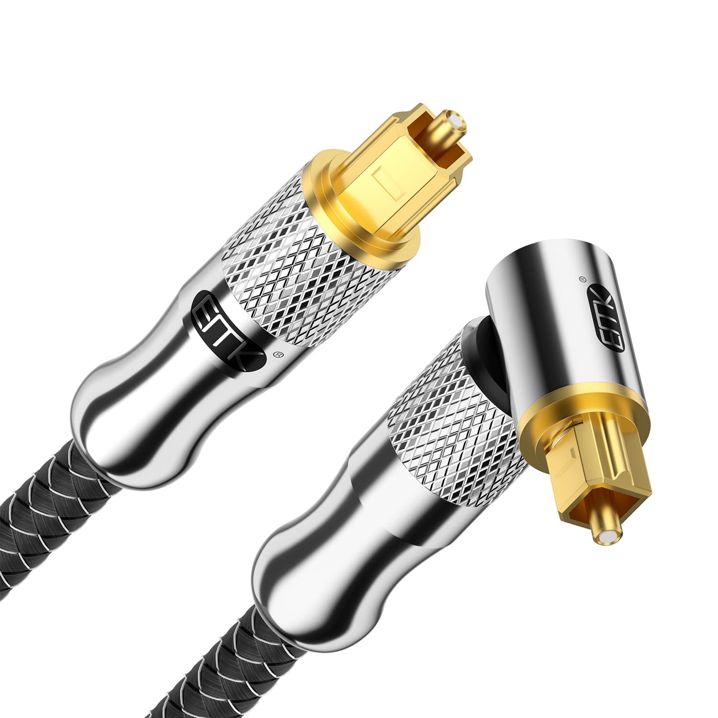 EMK Premium 24K Gold-Plated Right Angle Optical Cable – 90° Toslink to Toslink (2.4M/8Ft), 360° Rotatable for Soundbars, TVs & Home Theater