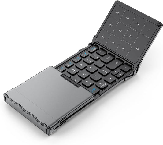 iClever Foldable Bluetooth Keyboard, BK18 Foldable Keyboard with Touchpad and Number Pad, Portable, Rechargeable, Pocket Size for Travel, Compatible with iPad, iPhone, Laptop