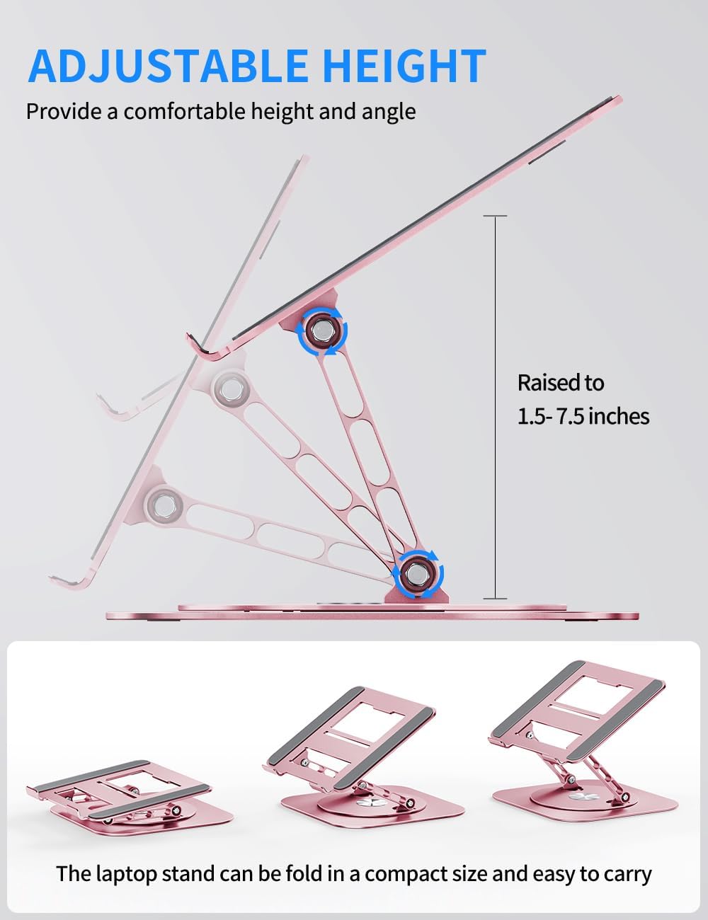 Adjustable Laptop Stand with 360 Rotating Base, Computer Stand for Laptop Ergonimic Foldable Laptop Riser for Desk Compatible with MacBook Pro/Air Notebook up to 16 Inches,Pink