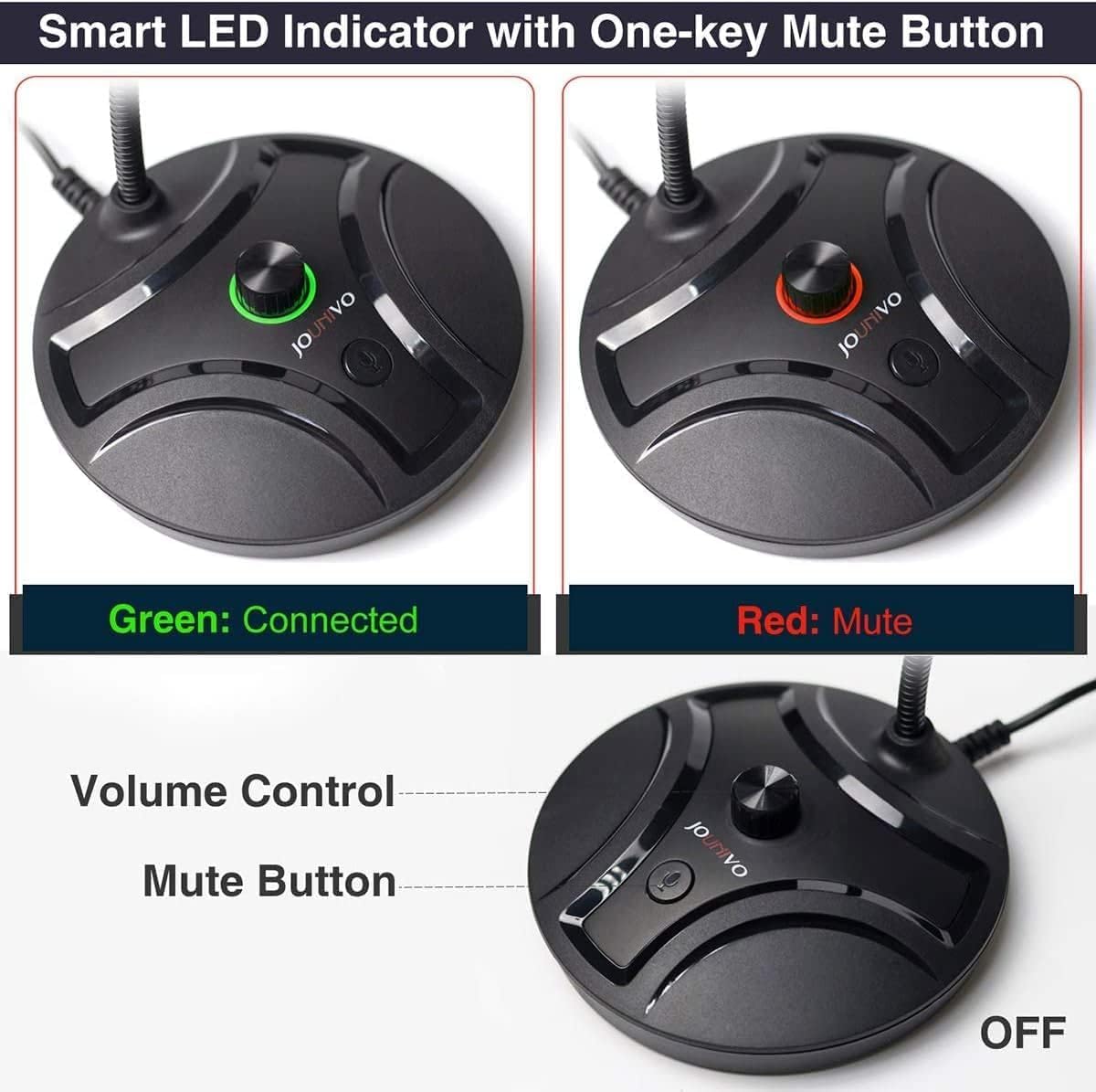 JOUNIVO USB Computer Microphone JV605 PRO with Mute Button & Volume Knob Compatible with PC Laptop Desktop Mac PS4, Play & Plug Gooseneck Mic Recording for Gaming, Streaming, YouTube, Vocal