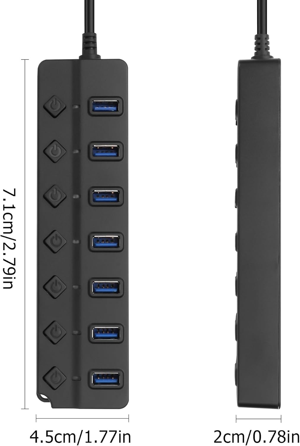 90 Degree USB Hub Splitter YACSEJAO USB 2.0 Data Hub with Individual LED Button On/Off Switch DC5.5 * 2.1 Power Port for Laptop,PC Computer (7 Ports, 1M)