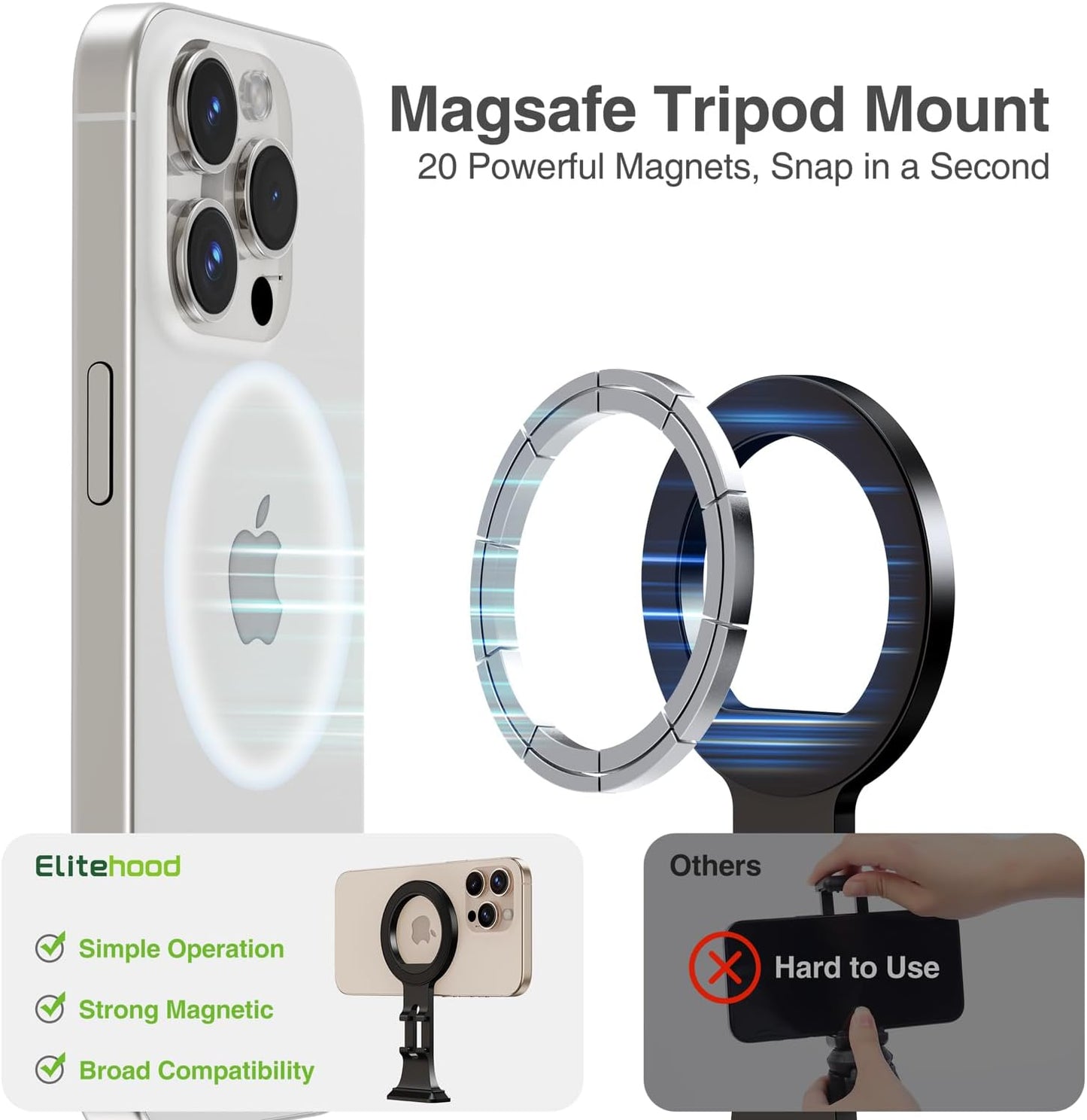 elitehood Aluminum Magsafe Tripod Phone Mount, Compact Phone Holder for Tripod with Arca Swiss Quick Release Plate & 1/4" Screw Adapter, Magnetic iPhone Mount Accessories Fit iPhone 16 15 14 13 Series