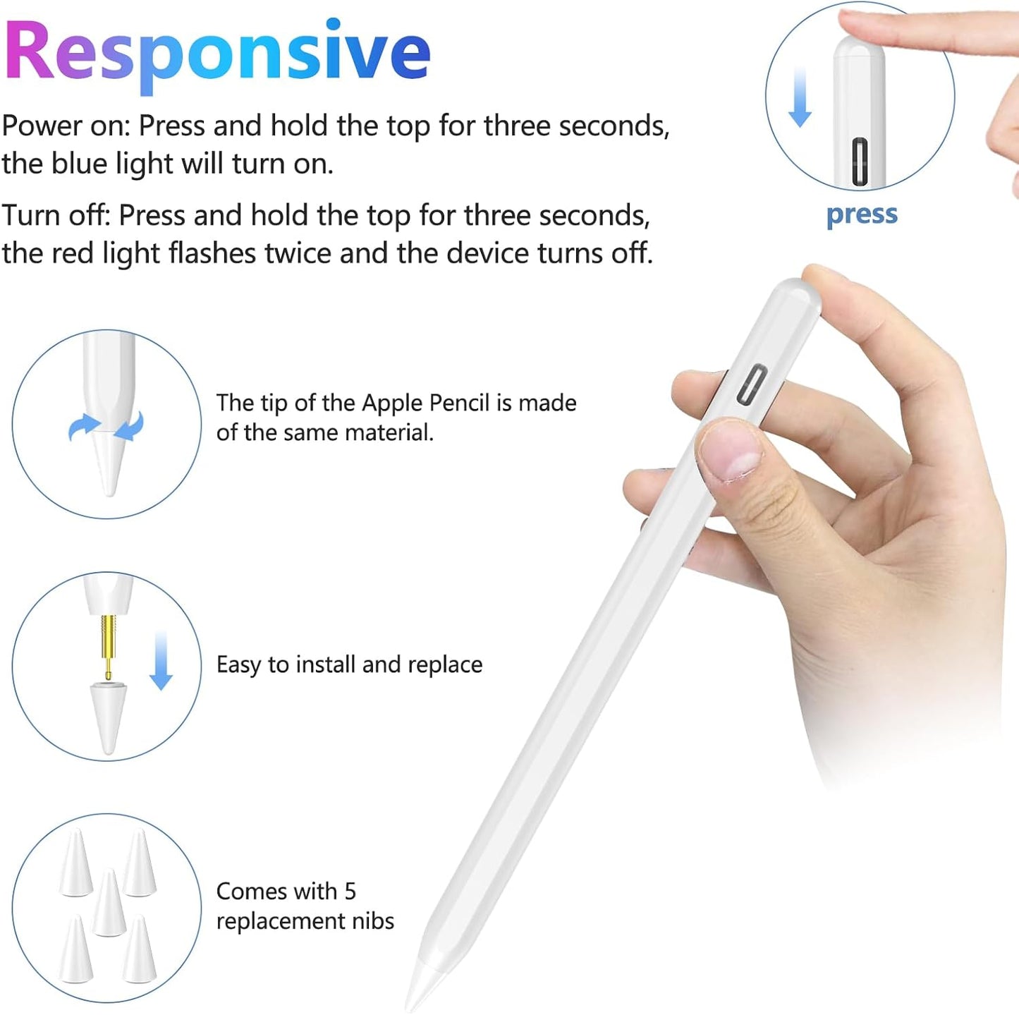 COO Stylus Pen for iPad, Button Fast Charging Pencil with Digit Indicator Light capacitive Pen (White)