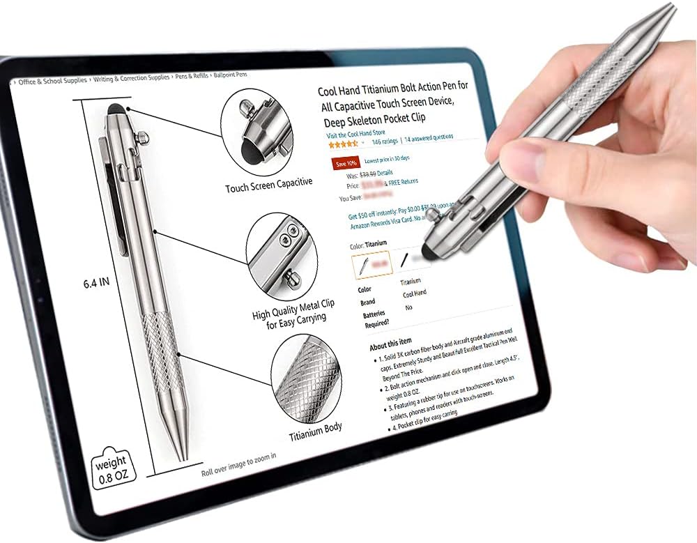 Cool Hand 4.9'' Titanium Bolt Action Pen Stylus for Touch Screen, Ballpoint Ink Refillable, Compact Size, Skelton Out Deep Pocket Clip for Easy Carring
