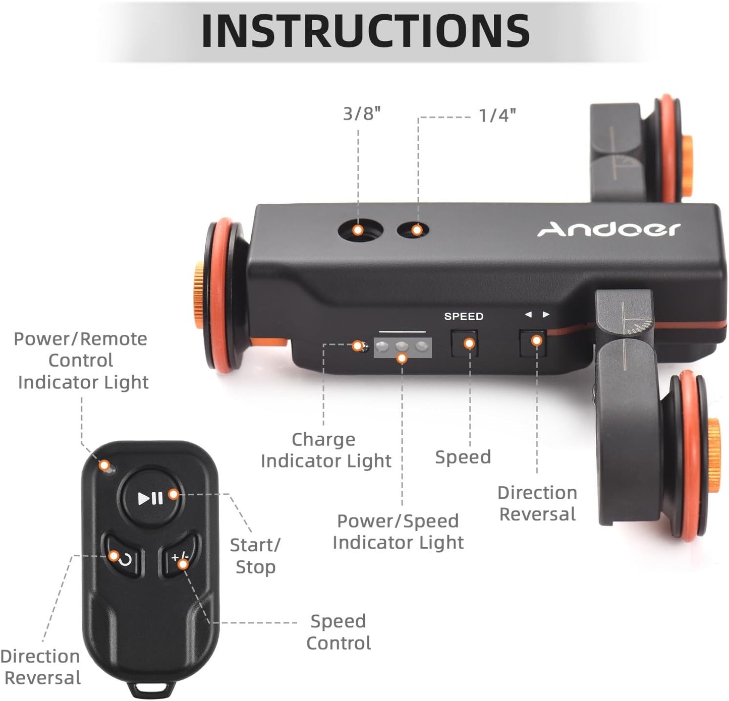 Andoer Video Camera Dolly with Ballhead & Phone Holder, 3-Speed Motorized Auto Track Dolly Car with Remote Control - Compatible with iPhone, DSLR, Camcorder, Gopro, Insta, Android Smartphone
