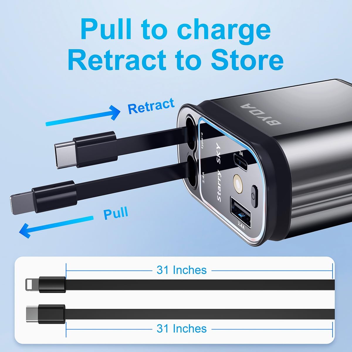 Fast Car Charger 4 in 1 Retractable Car Charger 69W with Starry Light,USB-C Fast Car Accessories,Compatible with All iPhones All Android Phones (GreyLightning+USB-C & PurpleLight)