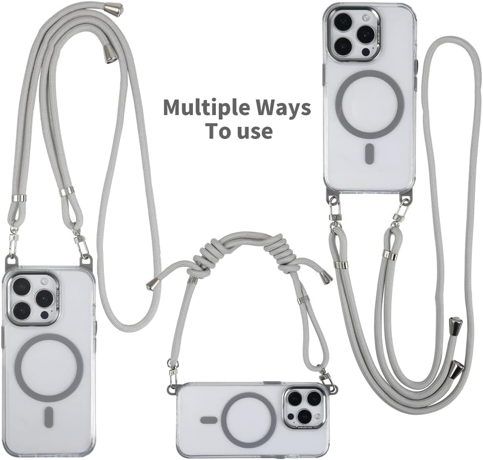 for iPhone 14 Pro Case with 62.99 inch Lanyard, Classic Clear&Gray Magnetic Phone Case, Drop&Shockproof Protection Cases, Phone Lanyard for Around The Neck, Compatible with Magnet Accessory
