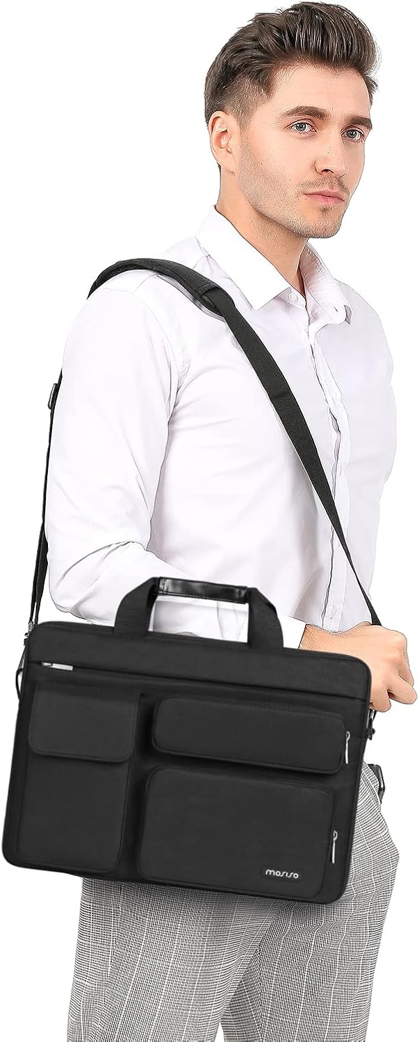 MOSISO Laptop Shoulder Bag, Computer Bag with 2 Raised&1 Flapover&1 Horizontal Pocket&Handle&Belt