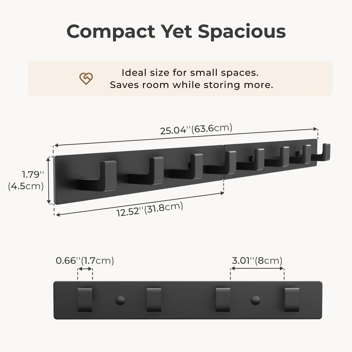 Black Wall Mounted Coat Rack- 2 Modular Rails (25'' Total), 8 Right-Angle Hooks, Modern Organizer for Entryway, Bathroom, Bedroom, Holds Coats, Towels, Hats