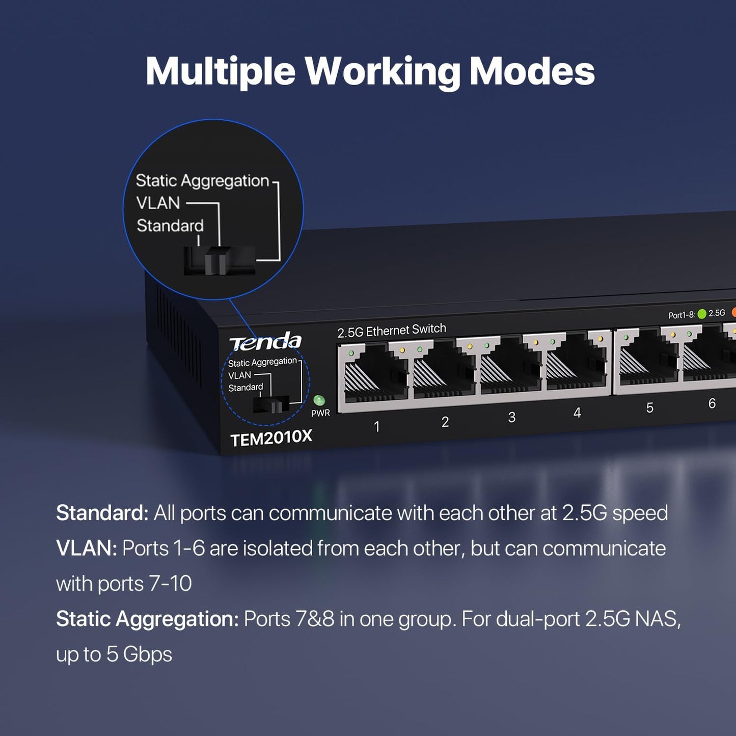 Tenda TEM2010X 8 Port 2.5G Ethernet Switch, Unmanaged 2.5Gb Switch with 8 x 2.5G Ports & 2 x 10Gb SFP+ Slots, Support VLAN & Static Link Aggregation, 80Gbps Switching Capacity, Fanless Metal Design
