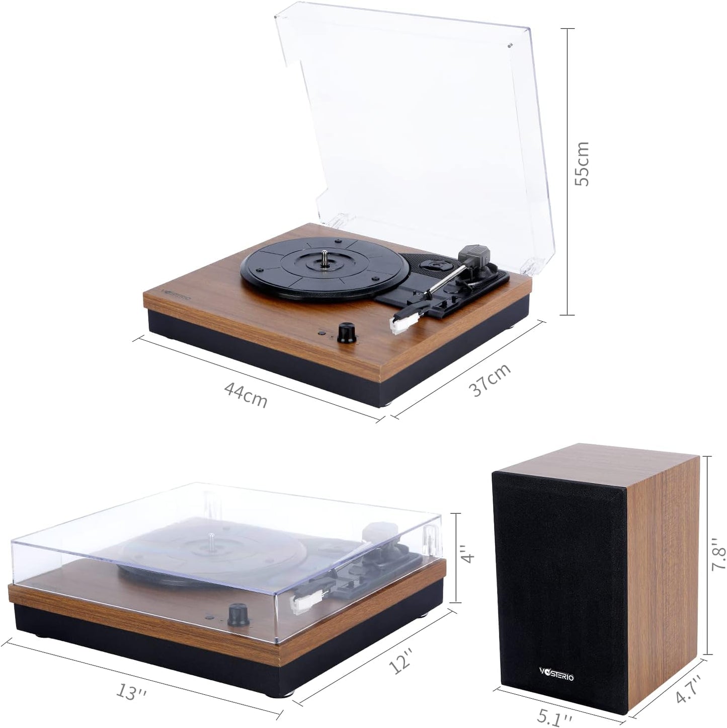 Bluetooth Record Player, 3-Speed Belt-Driven Turntable with Bluetooth Input& Output, Aux-in, Two 15W External Speakers, Retro Vinyl Player, Walnut