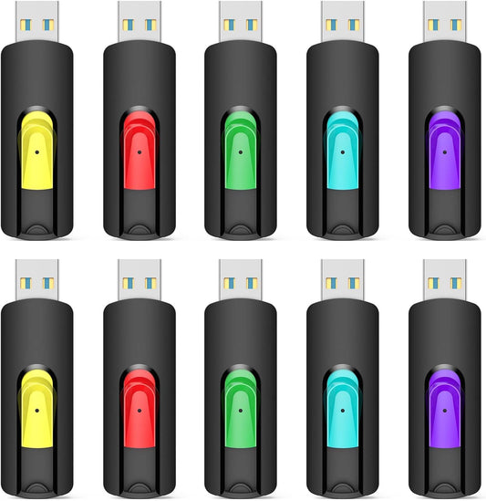 Aiibe 128GB Flash Drive 10 Pack - USB 2.0 Memory Stick (Red, Green, Cyan, Yellow, Purple)