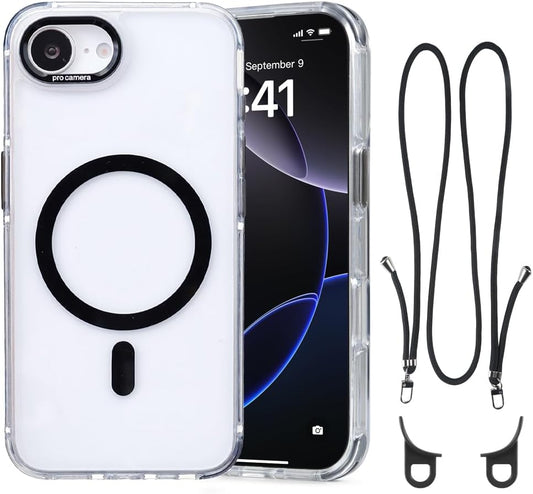 for iPhone 16e Case with Adjustable Phone Lanyard Strap, Compatible with MagSafe, Shockproof Military-Grade Protection, Magnetic Phone Case, Classic Clear Black Hybrid Case, Yellowing Resistant