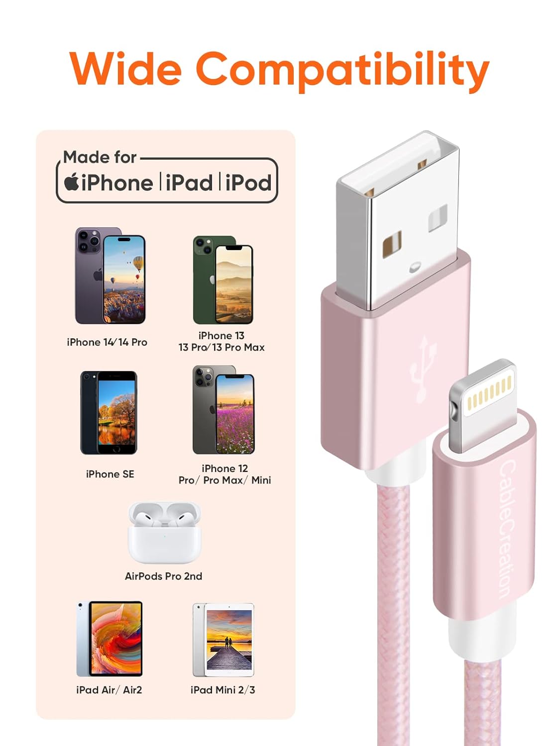 CableCreation USB A to Lightning Cable 6inch, Short iPhone Charging Data Sync Cord [MFi Certified] for iPhone 14/14 Pro, AirPods Pro, iPad, 0.15M, Pink