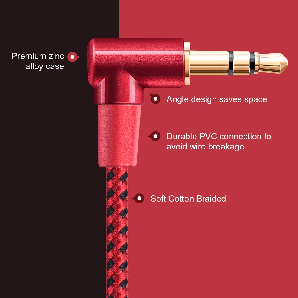 CableCreation Audio Cable, 3FT 3.5mm Right Angle Male to Male Auxiliary Jack HiFi Cable with Silver-Plating Copper Core,24KGold Plated, Red
