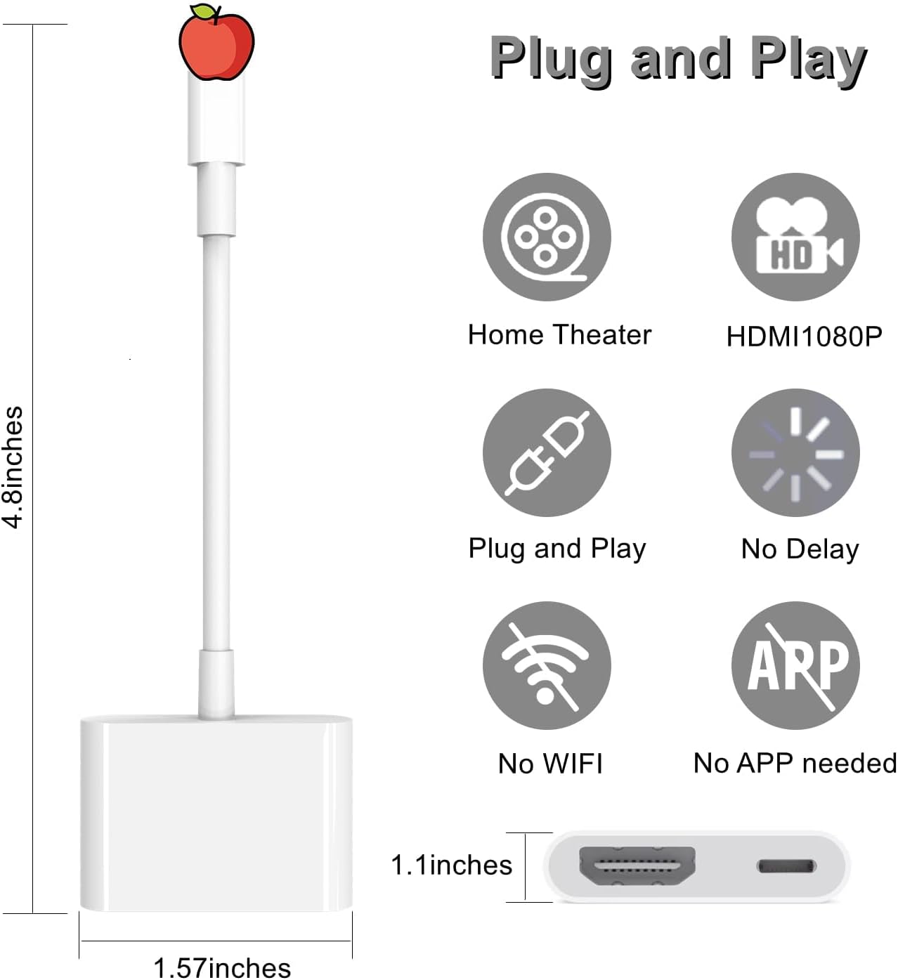 AIRSKY [Mfi Certified Lightning to HDMI Adapter, Plug&Play, no Power Needed; Lightning to Digital AV Adapter 1080P Sync Screen; Compatible with iPhone/iPad to TV