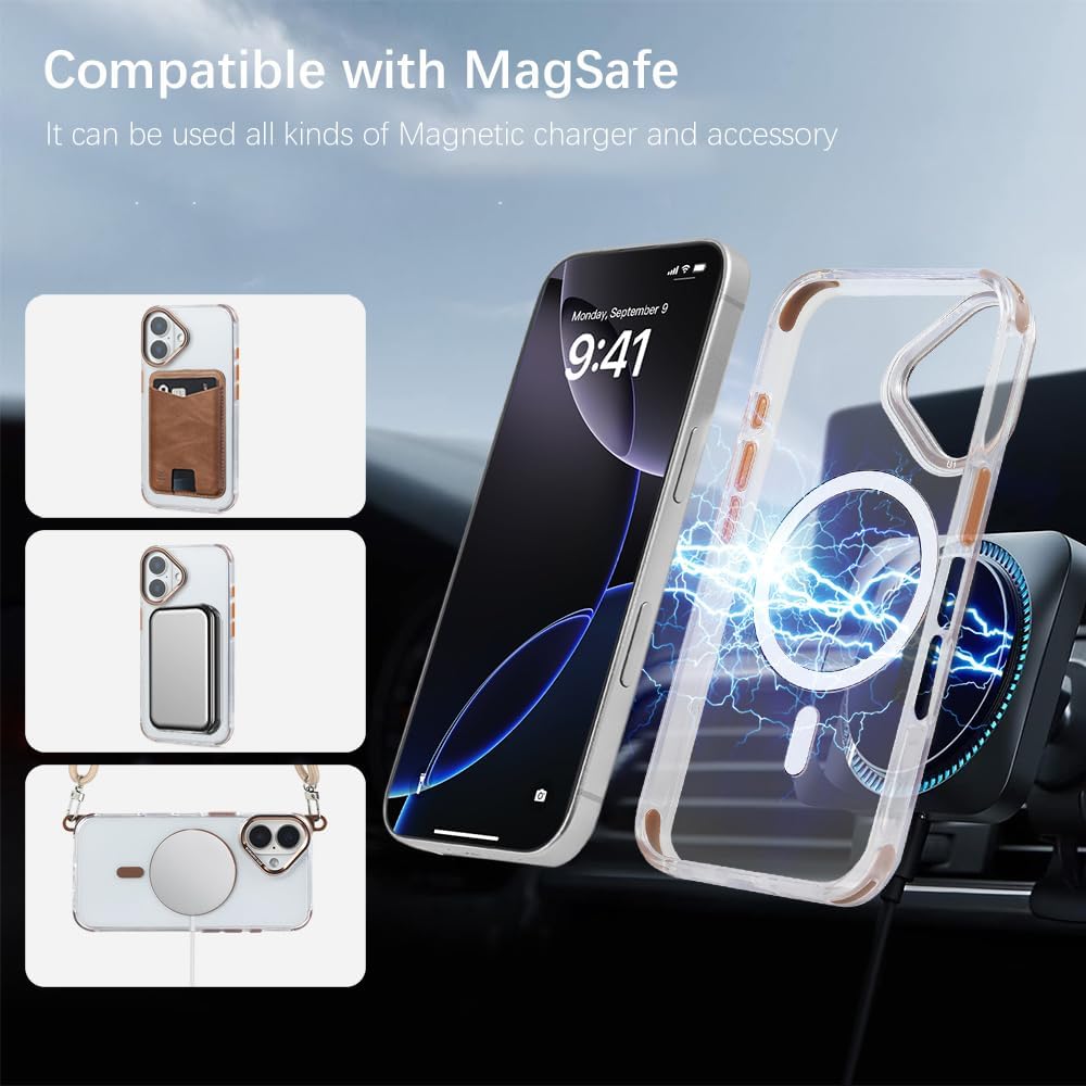 for iPhone 16 Case with 62.99 inch Lanyard, Classic Clear&Brown Magnetic Phone Case, Drop&Shockproof Protection Cases, Phone Lanyard for Around The Neck, Compatible with Magnet Accessory