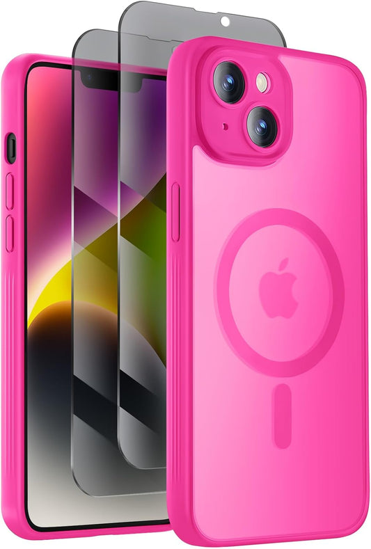 Designed for iPhone 14 Case, Compatible with MagSafe, with Privacy Screen Protectors X2, [Camera Protection] [15FT Military Drop Protection] Shockproof Phone Case, 6.1", Hot Pink