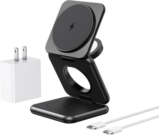 3 in 1 Charging Station for Apple Multiple Devices, Zinc Alloy Foldable Travel Wireless Charging pad for Mag-Safe Wireless Charger Stand for iPhone 16 15 14 13 12 Apple Watch Airpods