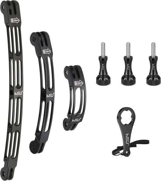 HSU Aluminum Alloy Curved Extension Arm Kit Metal Pole Mount Helmet Stick Extension Arm Mount for GoPro Hero 13/12/11/10/9/8/7/6 Black, DJI Osmo Action and More Action Cameras (7.9”/5.3”/3”) (Black)