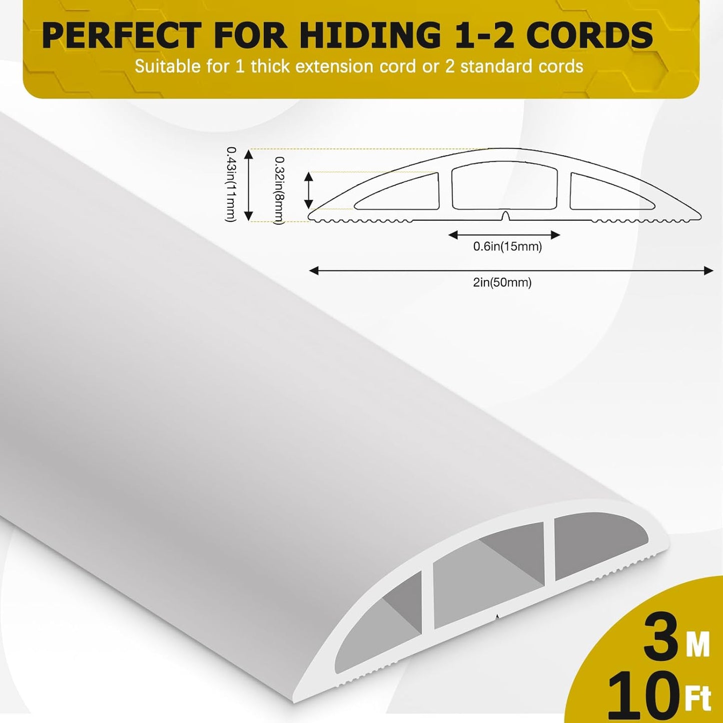 Floor Cord Cover 10FT Cord Covers for Wires on Floor Protect Wires & Prevent Trip Hazards, Easy to Cut for Home, Office, School, Concerts, Cavity W0.6in x H0.32in