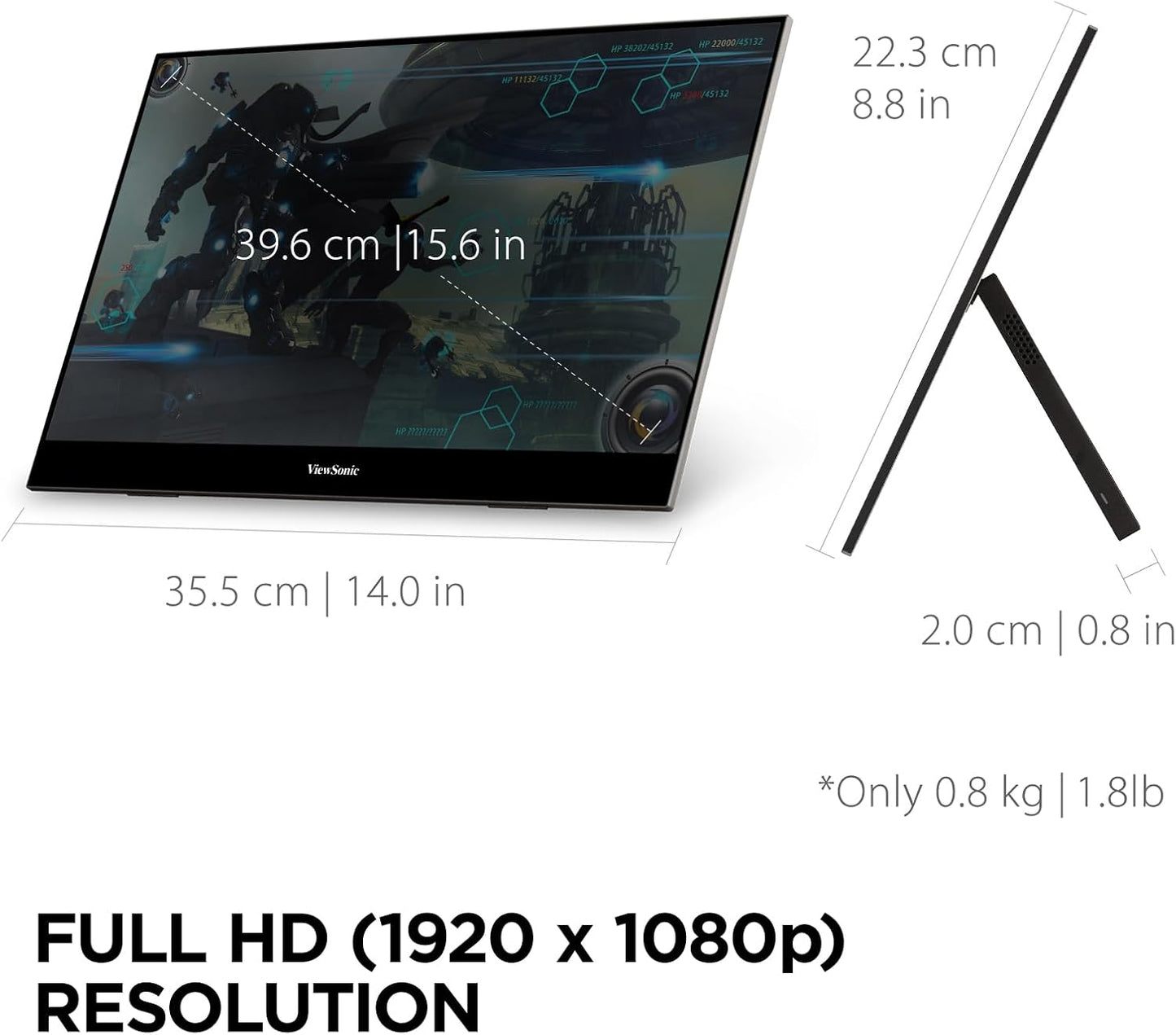 ViewSonic VX1655 15.6 Inch 1080p FHD Portable LED IPS Monitor with 2 Way Powered 60W USB C, Mini HDMI, Dual Speakers, and Built-in Stand with Tripod Mount,Black