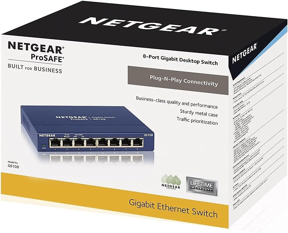 NETGEAR 8-Port Gigabit Ethernet Unmanaged Switch (GS108) - Desktop or Wall Mount, and Limited Lifetime Protection