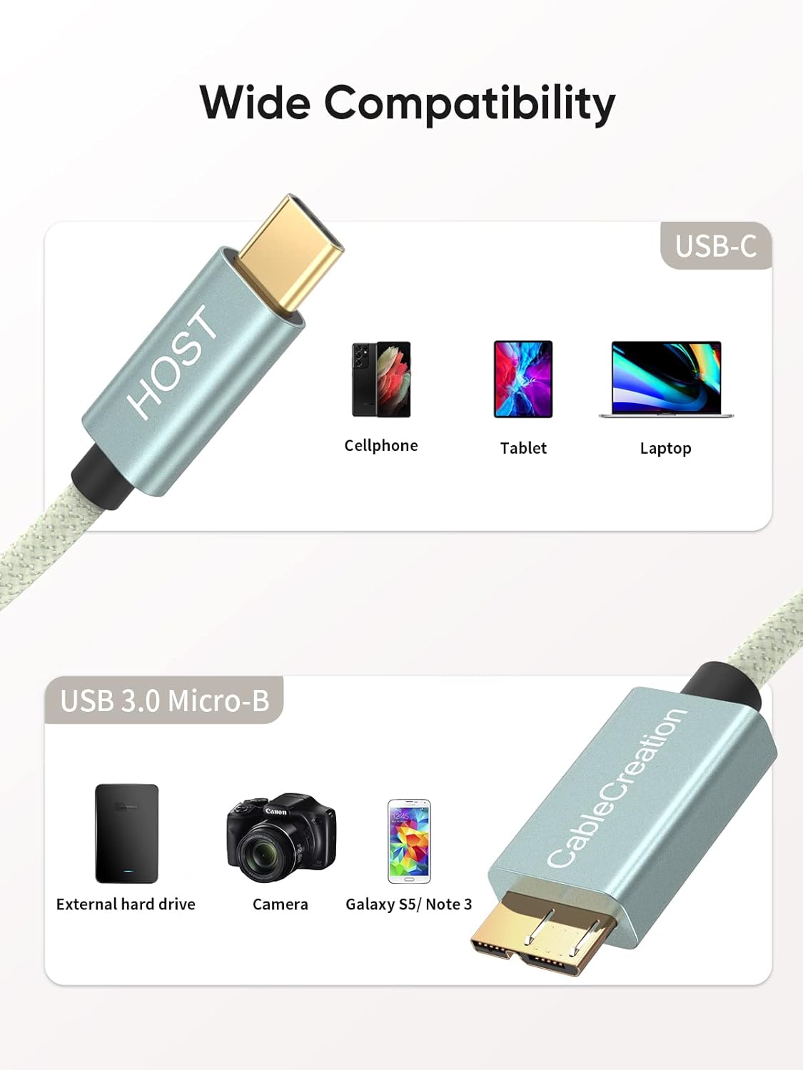 CableCreation 1FT USB C to Micro B Cable,10Gbps Speed External Hard Drive Braided,USB 3.1 Type C to Micro B Work for iPhone 15 Series,Seagate WD Westgate My Passport,MacBook Pro/Air, iPad/Tablet,Green