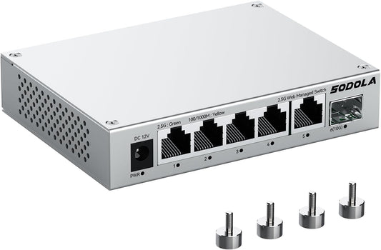 SODOLA 5 Port 2.5Gb Switch Managed, 5X 2.5G Base-T Ports, 1x 10G SFP+,Aluminum Alloy Cooling & Magnetic Mounting - LACP/QoS/VLAN/IGMP Web 2.5G Network Switch for Homelab