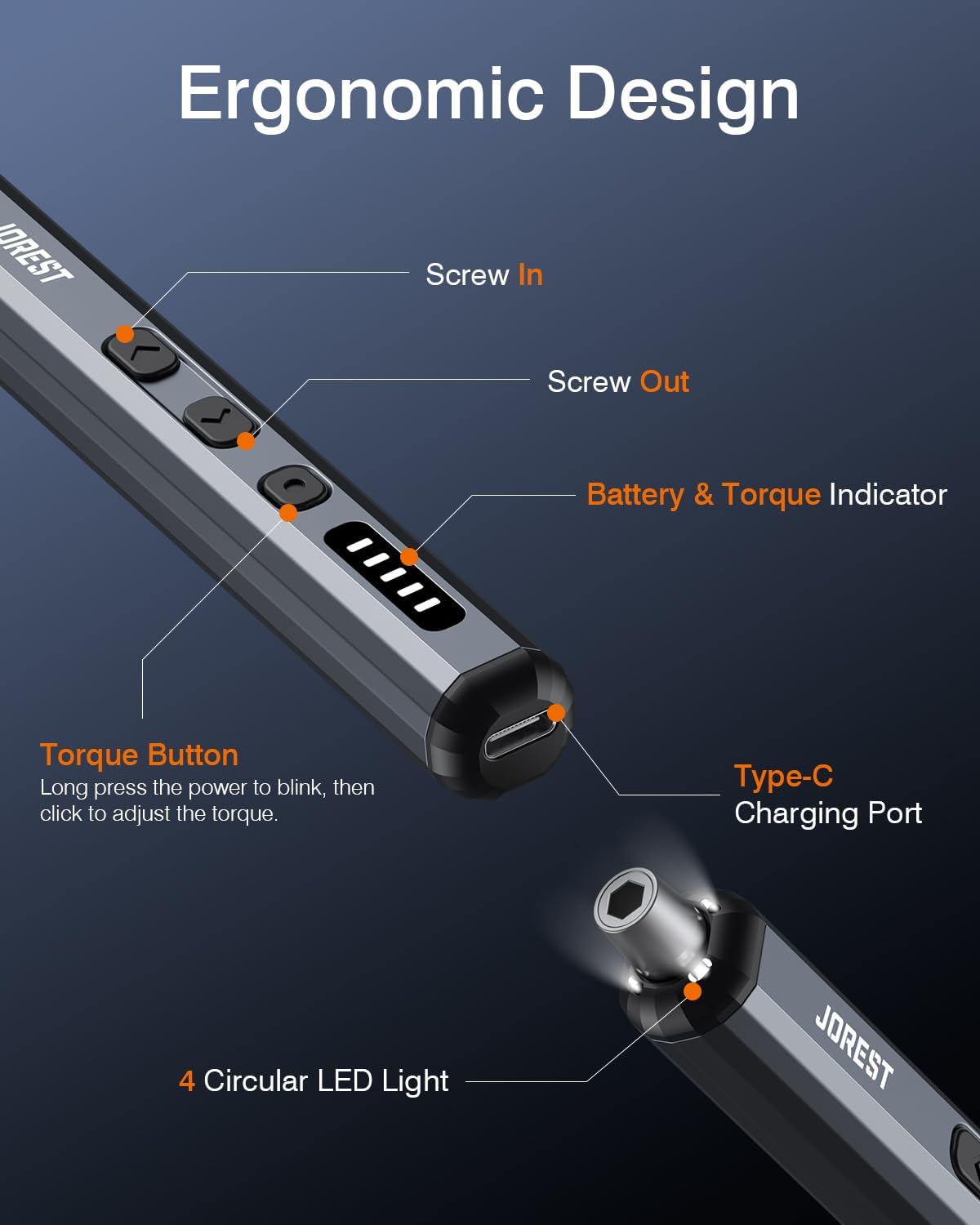 JOREST Mini Electric Screwdriver, Precision Set with 38-in-1 Magnetic Bits, 5 Torque Settings, LED Light, Repair Tool Kit for iPhones, Laptop, Drone, Game Console, Camera, Glasses, Watches, Toys