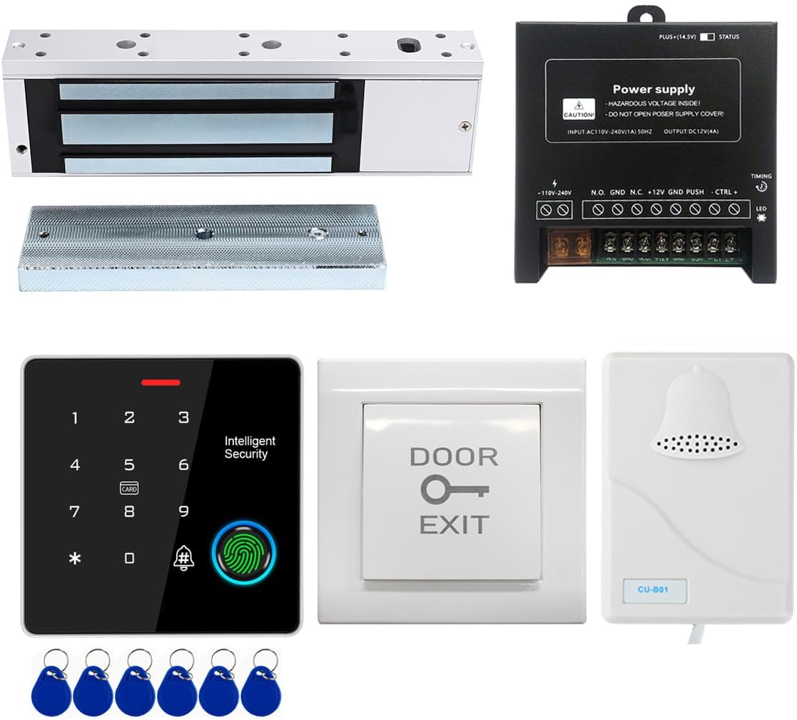 Door Access Control System IP67 Waterproof RFID Fingerprint Keypad Exit Button Doorbell Buzzer 1200lb Magnetic Lock Kit