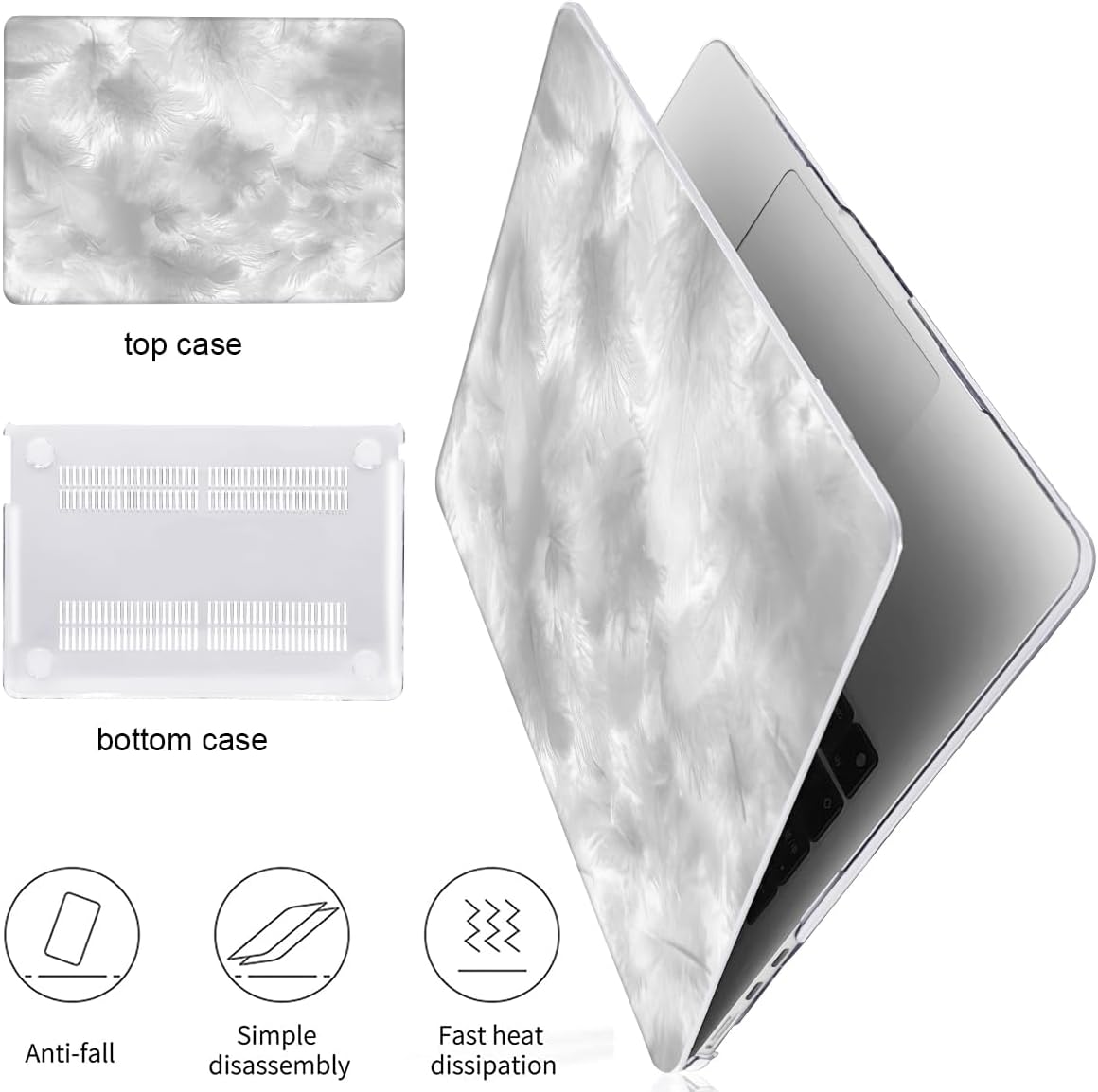 for M4 MacBook Air 13.6 Case 2025 2024 2023 2022 M3 A3113 A2681 M2 Chip, Pattern Plastic Matte Hard Shell Case Keyboard Skin for 2025 Mac Air 13.6 inch Cover M4 A3420 Touch ID, Gray Feather