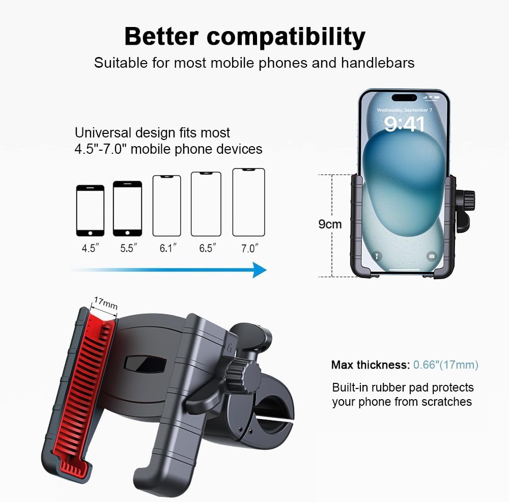 Universal Adjustable Bicycle Phone Holder Compatible with iPhone 15/14/13/12 Pro Max, Samsung Galaxy S23/S22 Ultra, Secure 360° Rotation Cycling Accessories for Road Mountain Bikes