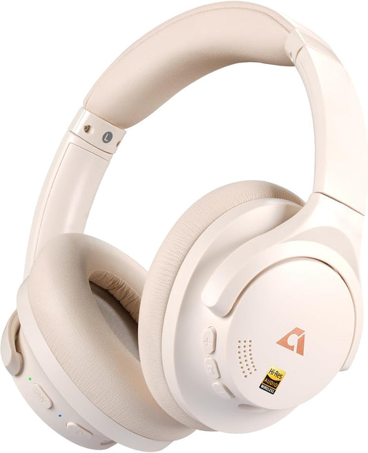 1Mii Y8+ Noise Cancelling Headphones Bluetooth, Wireless LDAC Hi-Res Audio, Custom EQ via App, 75H Playtime, Comfort Fit, Over Ear Headphones Foldable for Airplane Travel Home Office Cream White