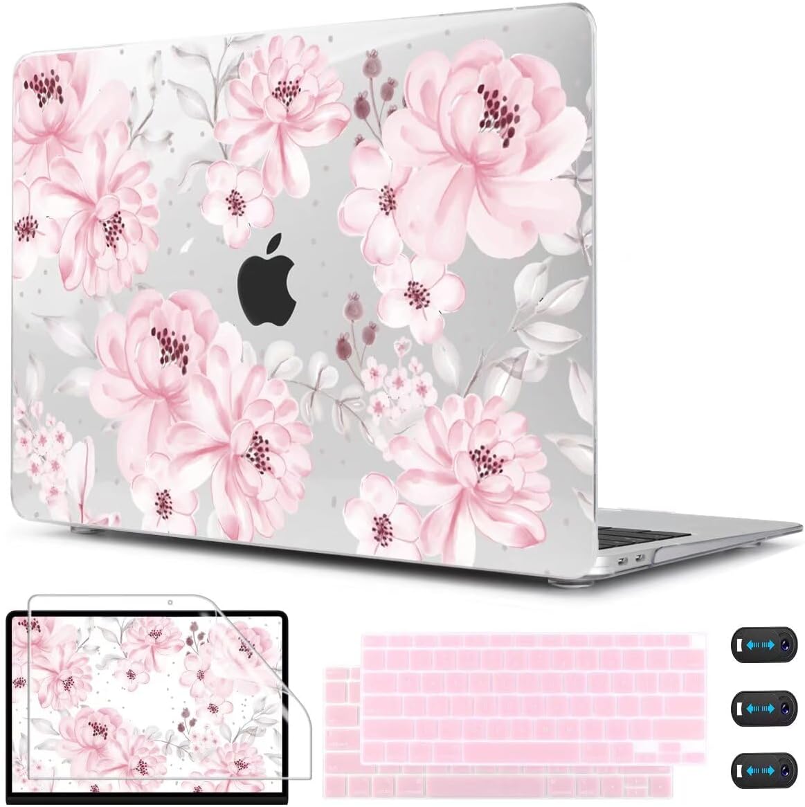CISSOOK Compatible with MacBook Air 13 inch Case M1 Chip 2021 2020-2028 Release A2337 A2179 A1932 Model with Touch ID, Plastic Hard Shell Case & Keyboard Cover & Screen Protector, Cute Pink Flower