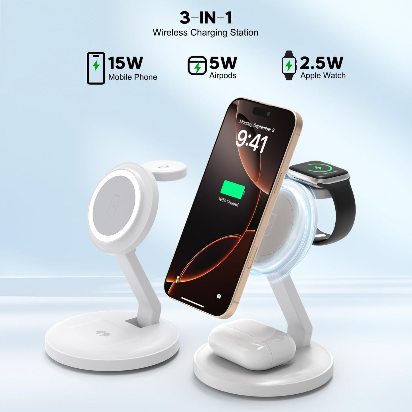Charging Station for Apple Magnetic Wireless iPhone Mag-Safe Charger,15W 3in1 Foldable Wireless Dock Fast MagSafe Charger Stand for iPhone 16 Pro Max/16 Plus/15 ProMax/14/13/12,Apple Watch,AirPods Pro