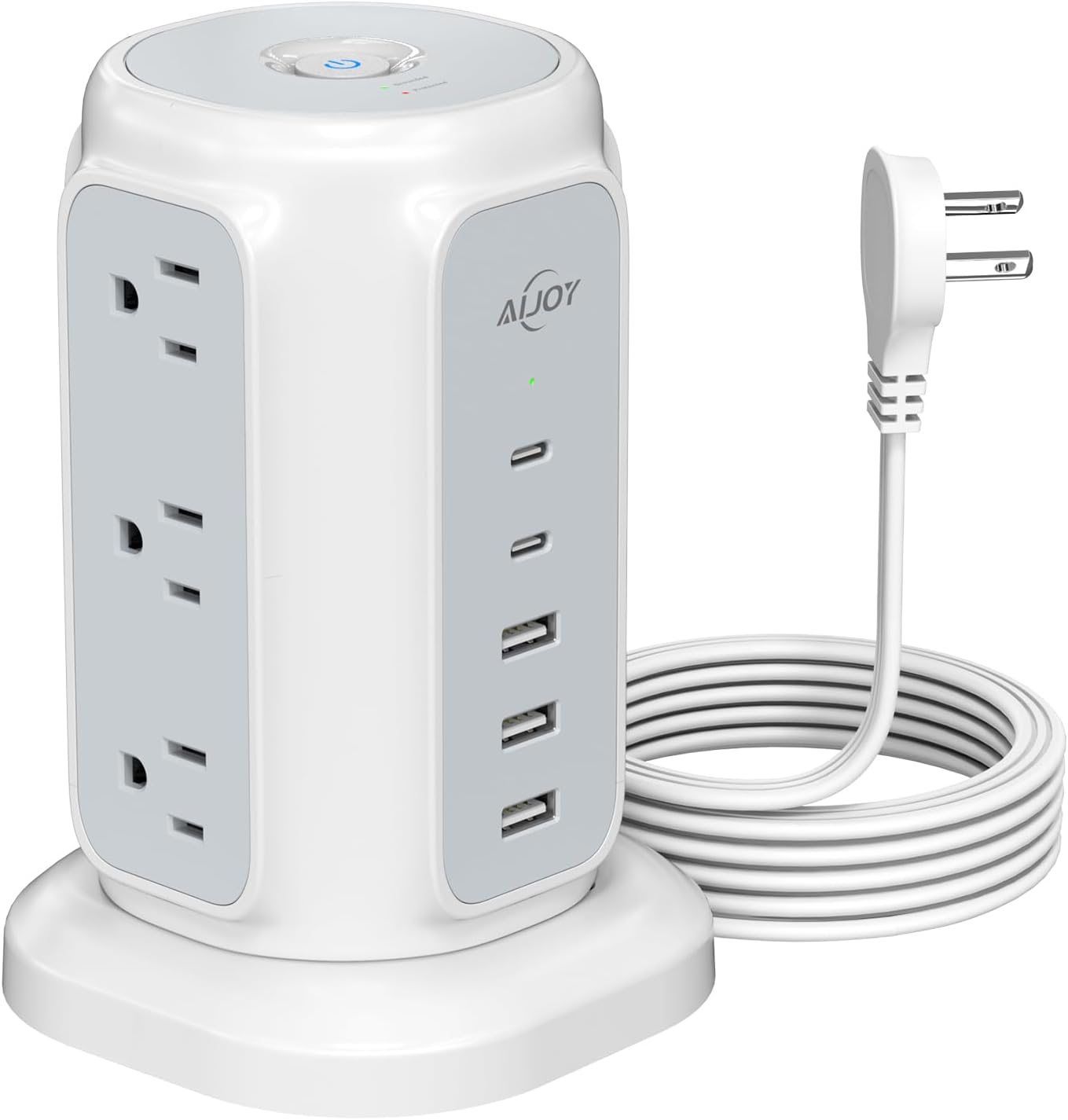 AiJoy Flat Plug Power Strip Tower with 9 Outlets and 5 USB Ports (2 USB-C), 1200J Surge Protection, 1625W Extension Cord with Multiple Outlets Charging Station for Home Dorm Office Supplies