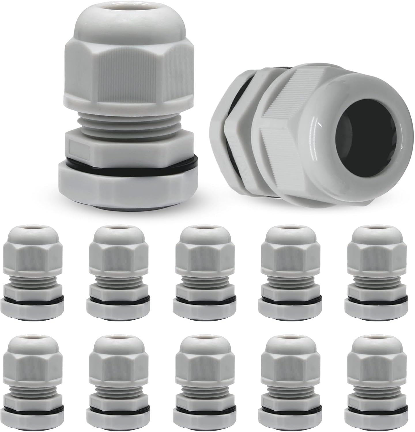 12 Pcs 1/2" NPT Nylon Cable Glands, Grey Strain Relief Cable Cord Connector IP68 Waterproof Junction Box Wire Protectors Adjustable for 6-12mm Cable Diameter