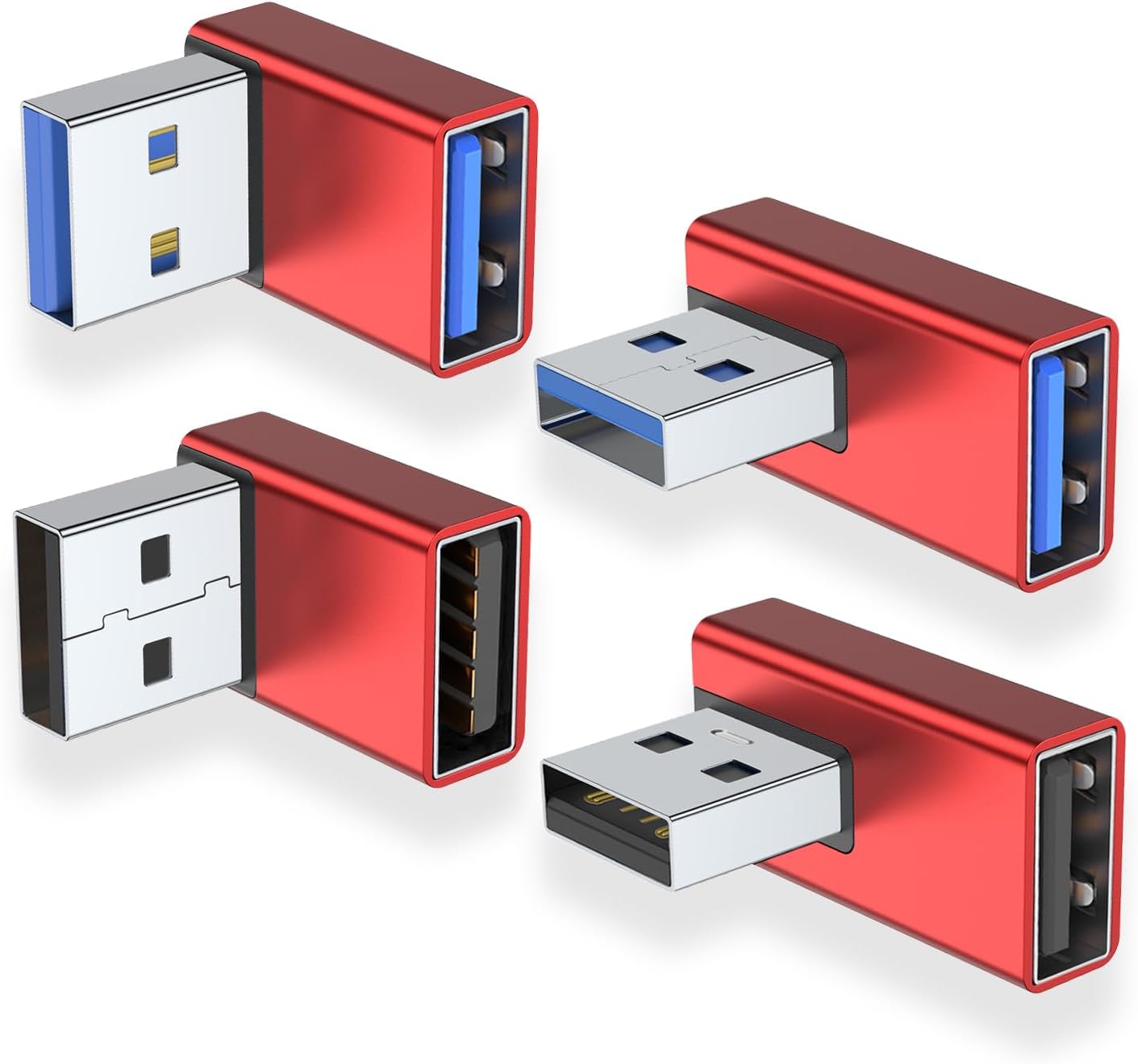 AreMe 90 Degree USB 3.0 Adapter 4 Pack, Up and Down Angle, Left and Right Angle USB A Male to Female Converter Extender for PC, Laptop, USB A Charger, Power Bank and More (Red)