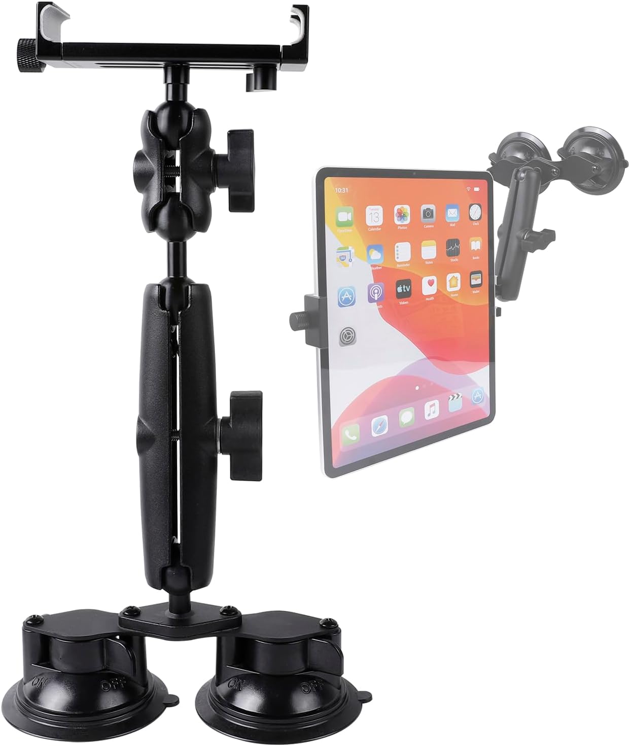 Aluminum Tablet Holder for All iPad, 360° adjustable Secure Double Suction Cup Mount for Car Truck Windshield,Sunroof, Compatible with iPad Pro 12.9 Mini Air, Galaxy Tabs and 4.7-15" Tablets