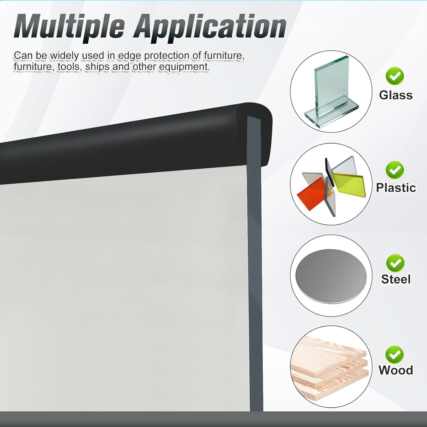 Edge Trim, 3/16" Rubber Edge Trim, Flexible Self Adhesive U Channel Edge Protector for Glass, Mirror, Plywood, Steel Panel Sharp Edges, Peel and Stick Plastic Trim, Black Color, 20Ft