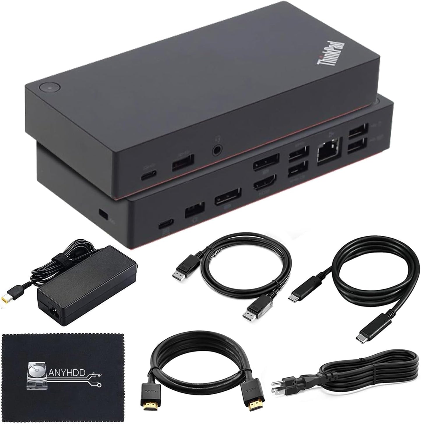 Lenovo 40AS0090USThinkpad Docking Station - Supports 4K Display, 1 Year Warranty, USB C Gen 2 Dock with 90W Adapter + 4K HDMI Cable + USB-C Cable + 4K DisplayPort Cable + Microfiber Cloth (Renewed)