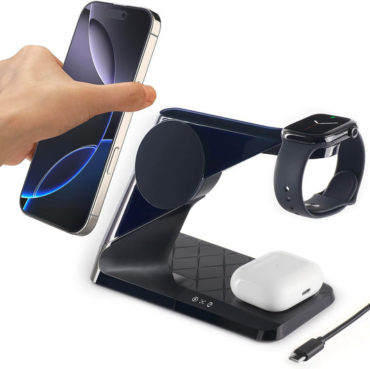 3 in 1 Charging Station for Apple Devices, Mag-Safe Charger Stand, Wireless Charger for iPhone 16/15/14/13/12 Series,& AirPods,& iWatch, Adapter Not Included