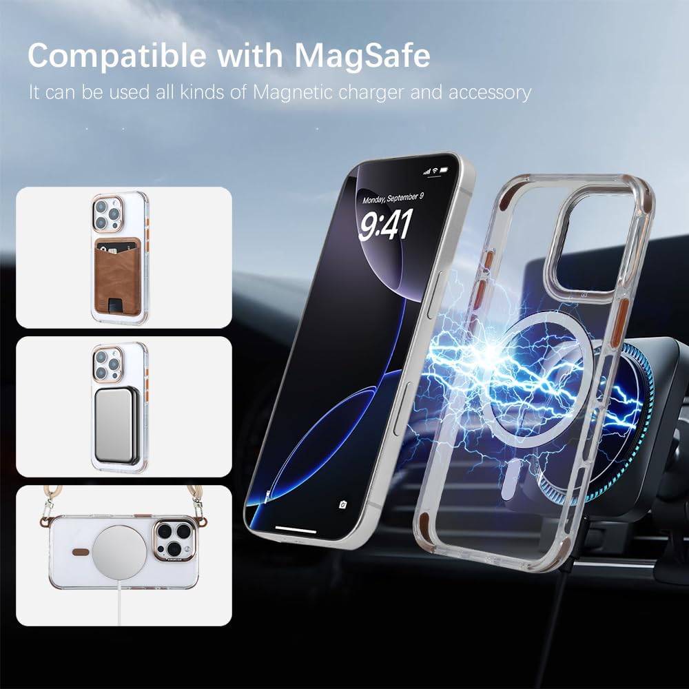 for iPhone 16 Pro Case with 62.99 inch Lanyard, Classic Clear&Brown Magnetic Phone Case, Drop&Shockproof Protection Cases, Phone Lanyard for Around The Neck, Compatible with Magnet Accessory