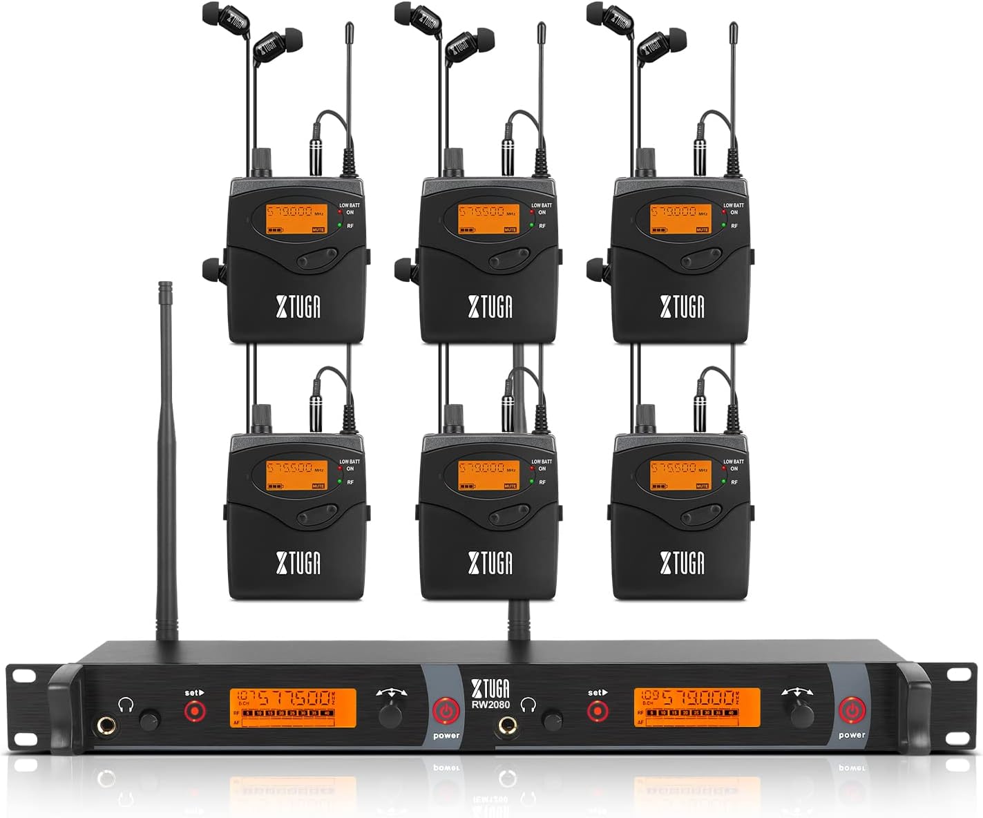 XTUGA RW2080 Wireless in Ear Monitor System 6 Bodypacks UHF IEM System, Dual Channel Mono Design Stage Monitors Earphone with 40 Frequencies, 300Ft for Band, Studio or Musicians, 902-928mhz