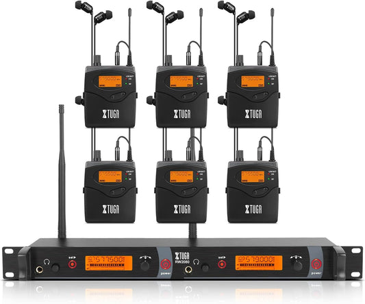 XTUGA RW2080 Wireless in Ear Monitor System 6 Bodypacks UHF IEM System, Dual Channel Mono Design Stage Monitors Earphone with 40 Frequencies, 300Ft for Band, Studio or Musicians, 902-928mhz
